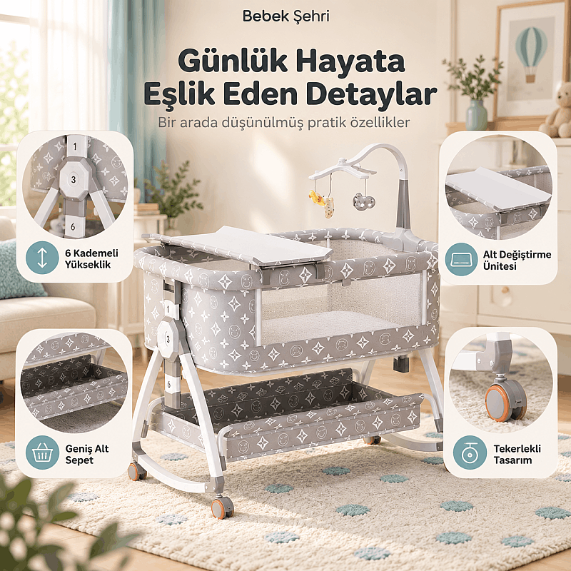 Evokids Luvi Anne Yanı Beşik | Sallanabilir 7 Parça Premium Set - 3