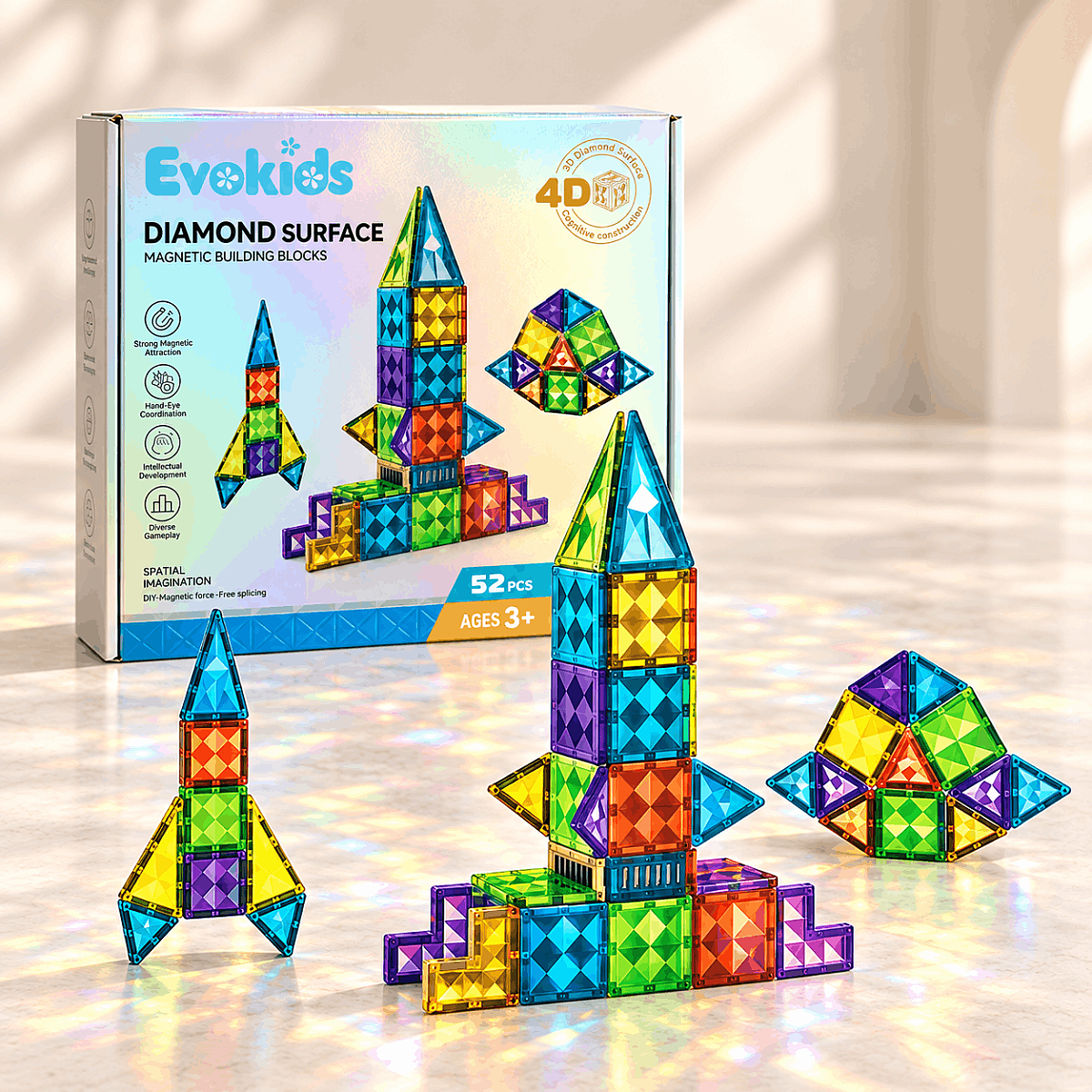Evokids Diamond 52 Parça Manyetik Blok Seti – Elmas Dokulu Eğitici Manyetik Yapı Blokları - 1