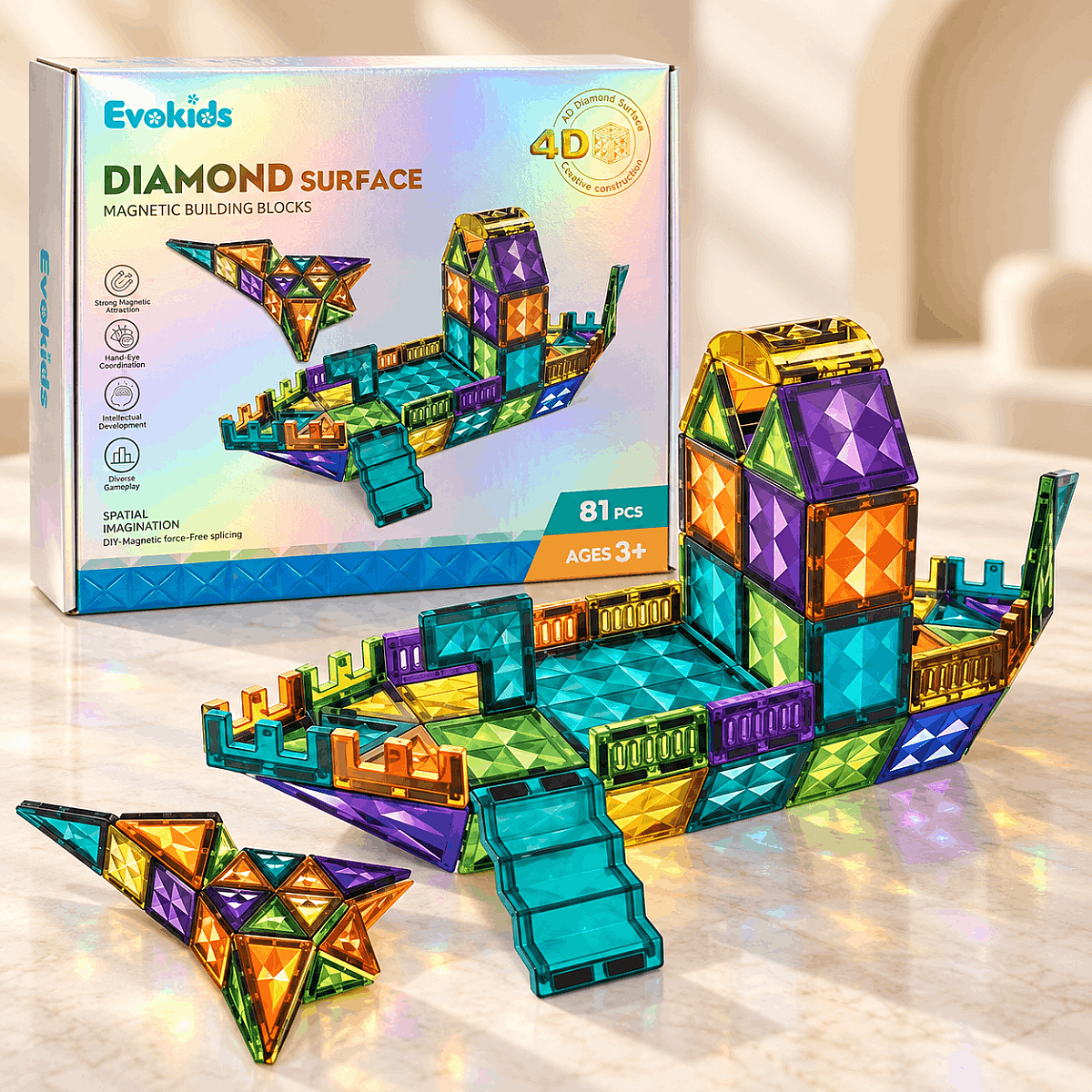 Evokids Diamond 81 Parça Manyetik Yapı Blokları – Elmas Dokulu Eğitici Oyuncak Seti - 1