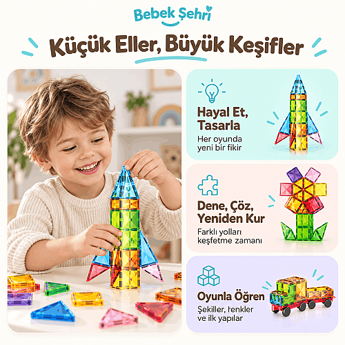 Evokids Diamond 81 Parça Manyetik Yapı Blokları – Elmas Dokulu Eğitici Oyuncak Seti - 6