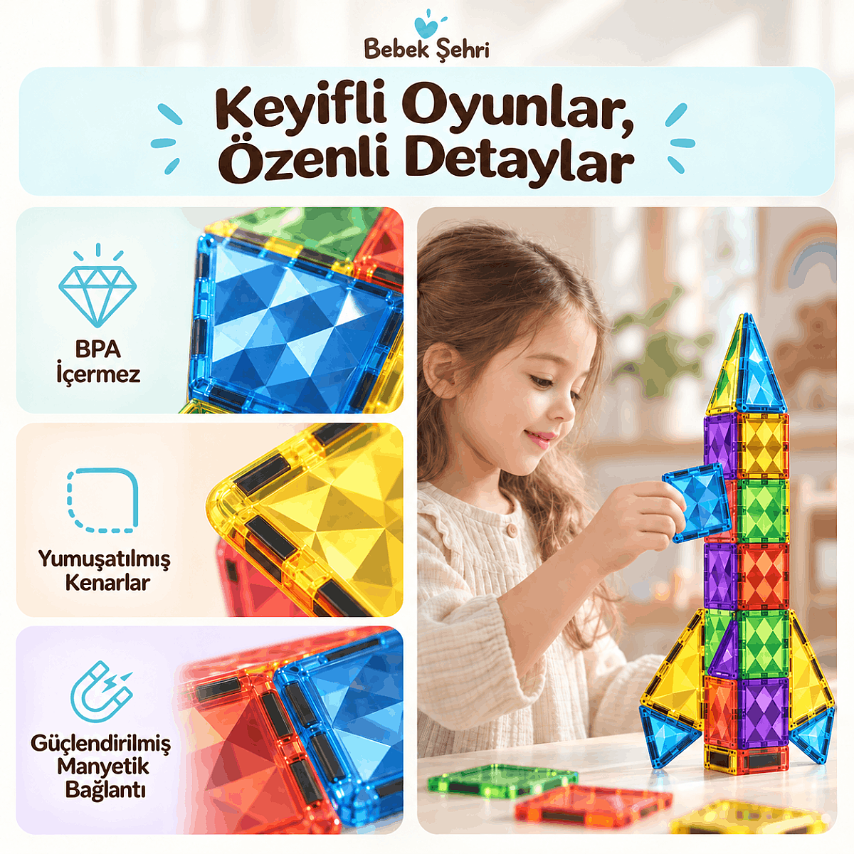 Evokids Diamond 81 Parça Manyetik Yapı Blokları – Elmas Dokulu Eğitici Oyuncak Seti - 3