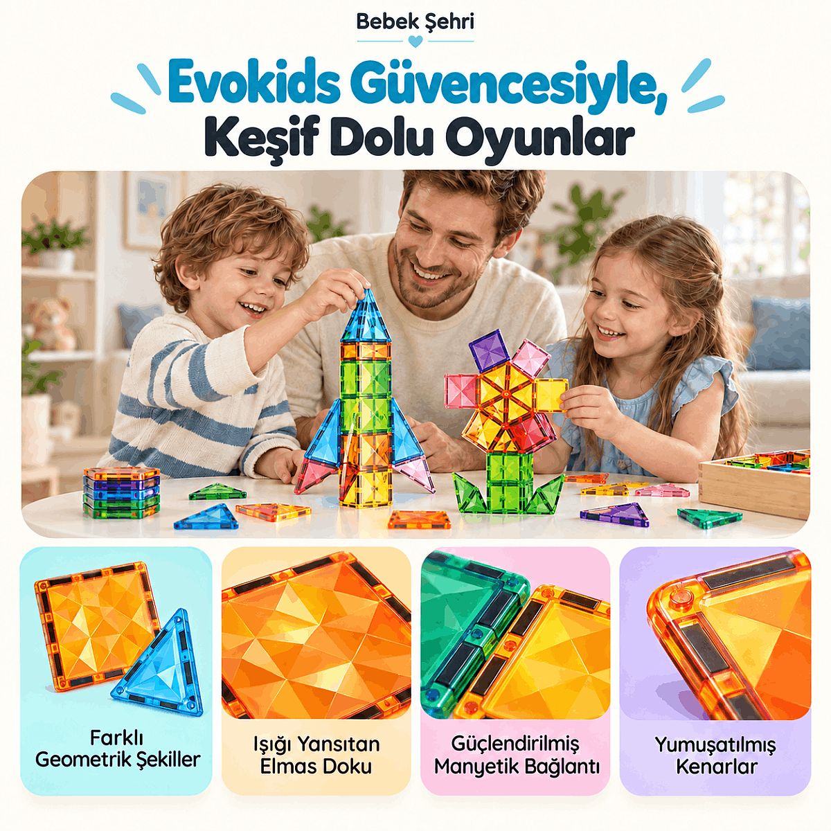 Evokids Diamond 81 Parça Manyetik Yapı Blokları – Elmas Dokulu Eğitici Oyuncak Seti - 2