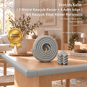 Evokids ( 2 Metre Kauçuk Kenar + 4 Adet köşe ) Gri Kauçuk Kenar Koruyucu