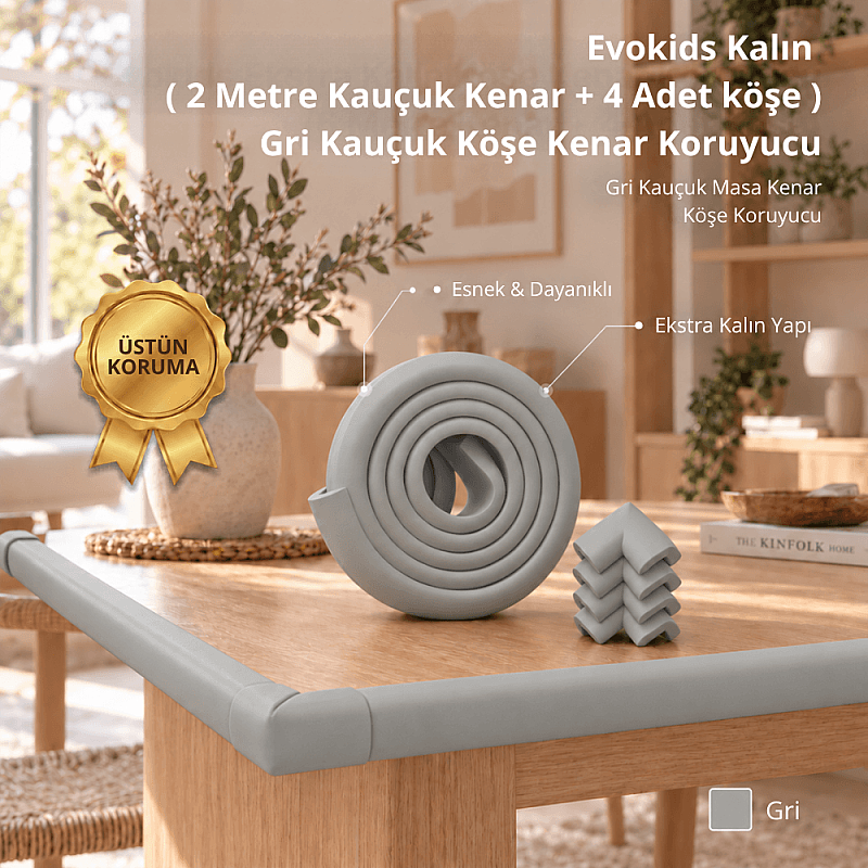 Evokids ( 2 Metre Kauçuk Kenar + 4 Adet köşe ) Gri Kauçuk Kenar Koruyucu - 1