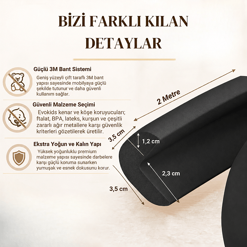 Evokids Kalın ( 2 Metre Kauçuk Kenar + 4 Adet köşe ) Siyah Kauçuk Köşe Kenar Koruyucu - 3