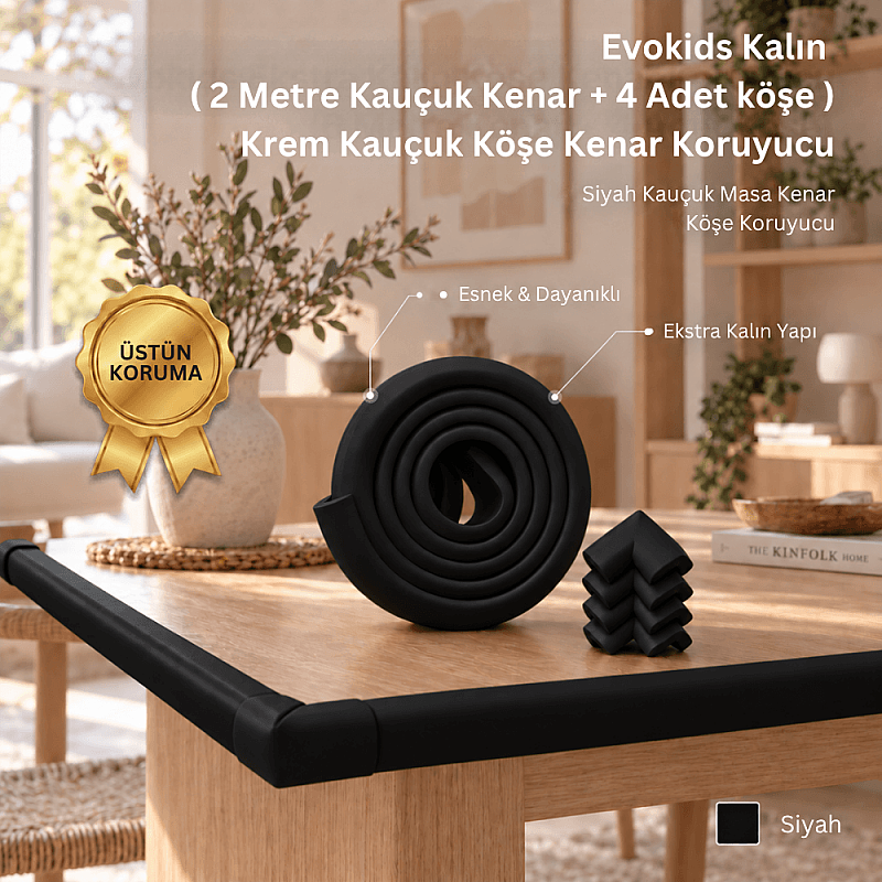 Evokids Kalın ( 2 Metre Kauçuk Kenar + 4 Adet köşe ) Siyah Kauçuk Köşe Kenar Koruyucu - 1