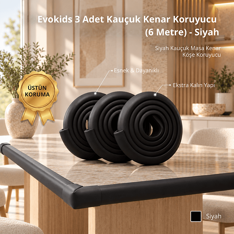 Evokids 3 Adet Kauçuk Kenar Koruyucu (6 Metre) - Siyah - 1
