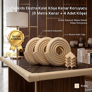 Evokids Ekstra Kalın Köşe Koruyucu (6 Metre Kenar + 4 Adet Köşe) Krem Kauçuk Kenar Koruyucu