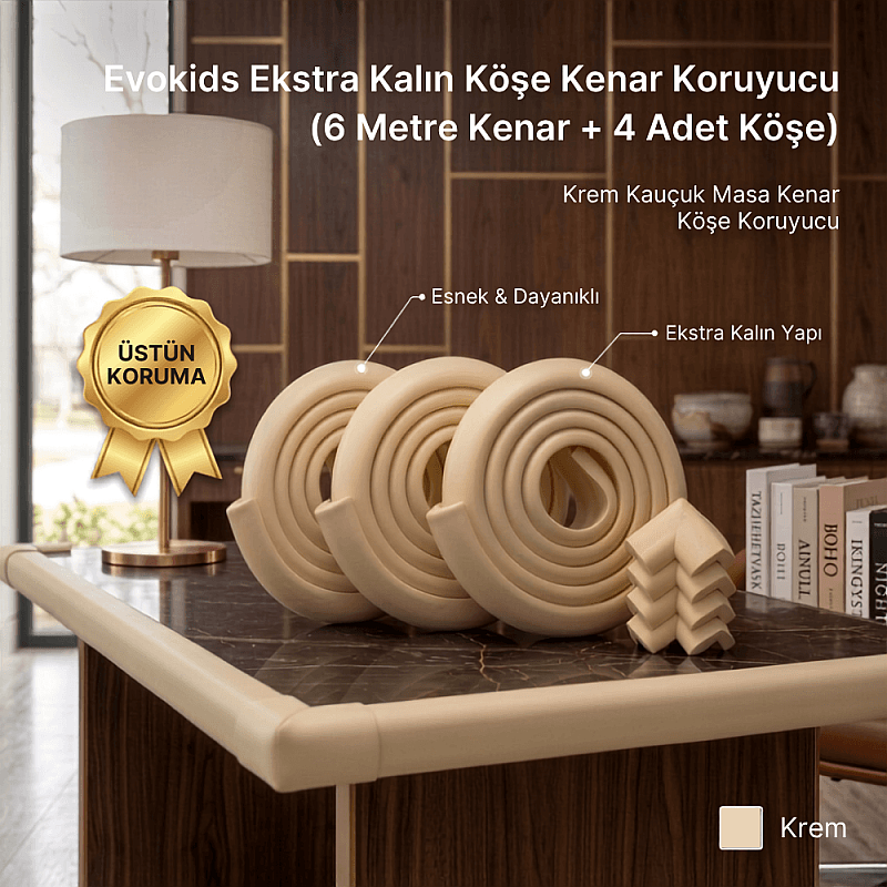 Evokids Ekstra Kalın Köşe Koruyucu (6 Metre Kenar + 4 Adet Köşe) Krem Kauçuk Kenar Koruyucu - 1