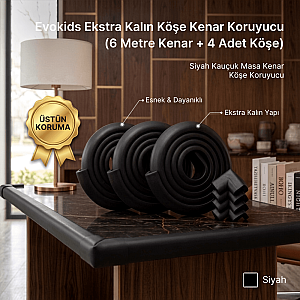 Evokids Ekstra Kalın Köşe Kenar Koruyucu (6 Metre Kenar + 4 Adet Köşe) Siyah Kauçuk Kenar Köşe Koruyucu