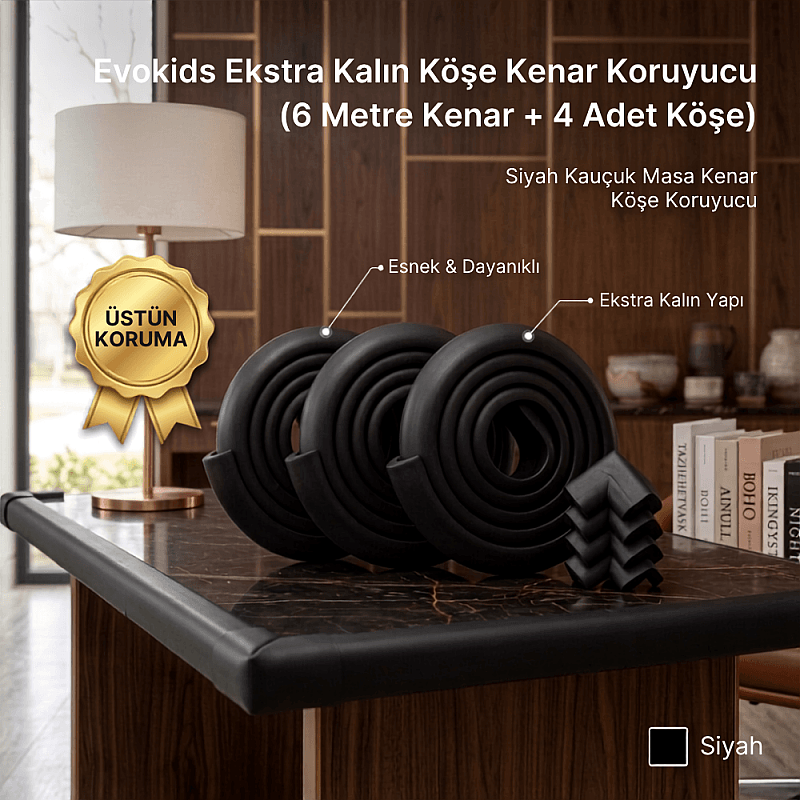 Evokids Ekstra Kalın Köşe Kenar Koruyucu (6 Metre Kenar + 4 Adet Köşe) Siyah Kauçuk Kenar Köşe Koruyucu - 1