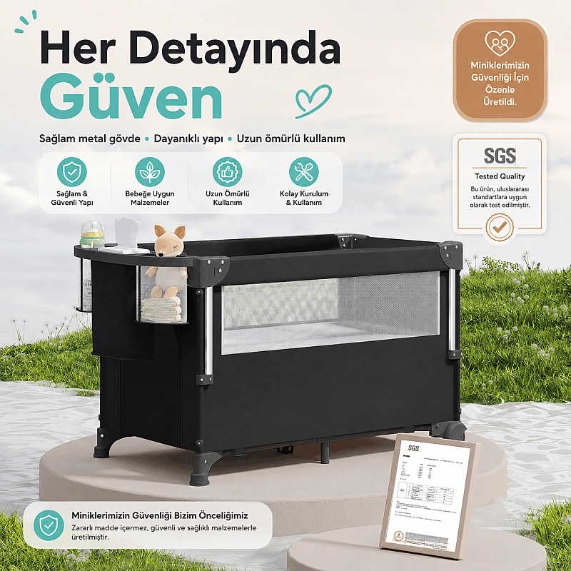 Anne Yanı Park Yatak – Evokids Luna Katlanabilir, Sallanabilir ve Tekerlekli Anne Yanı Beşiği - 2