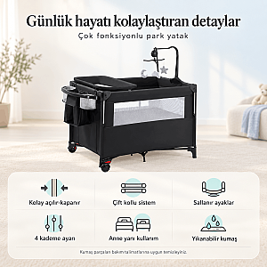 Anne Yanı Park Yatak – Evokids Luna Katlanabilir, Sallanabilir ve Tekerlekli Anne Yanı Beşiği - 4