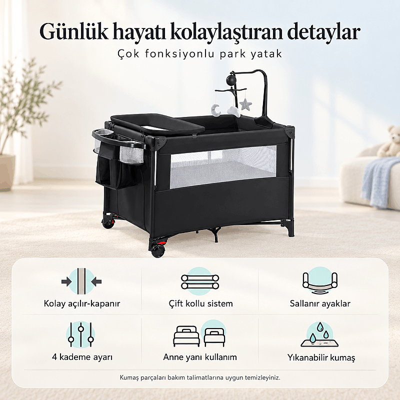 Anne Yanı Park Yatak – Evokids Luna Katlanabilir, Sallanabilir ve Tekerlekli Anne Yanı Beşiği - 4
