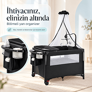 Anne Yanı Park Yatak – Evokids Luna Katlanabilir, Sallanabilir ve Tekerlekli Anne Yanı Beşiği - 5