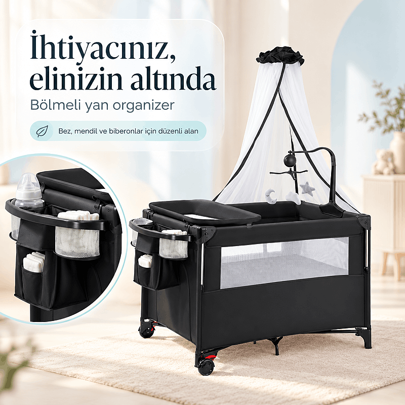 Anne Yanı Park Yatak – Evokids Luna Katlanabilir, Sallanabilir ve Tekerlekli Anne Yanı Beşiği - 5
