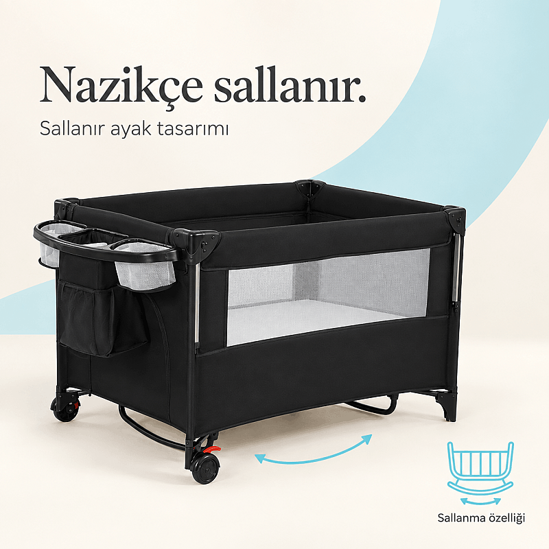 Anne Yanı Park Yatak – Evokids Luna Katlanabilir, Sallanabilir ve Tekerlekli Anne Yanı Beşiği - 7