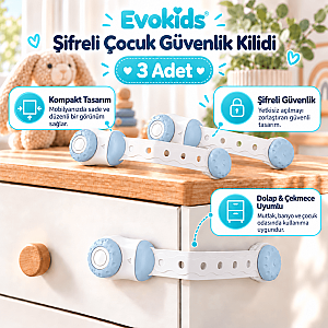 Evokids Şifreli Çocuk Güvenlik Kilidi ( 3 Adet ) Buz Mavisi