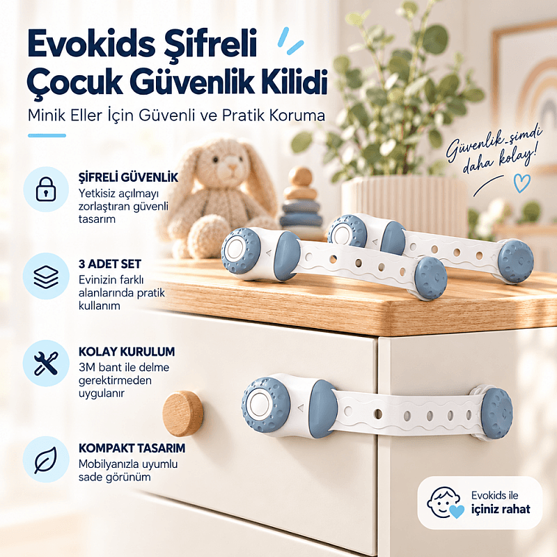 Evokids Şifreli Çocuk Güvenlik Kilidi ( 3 Adet ) Buz Mavisi - 1