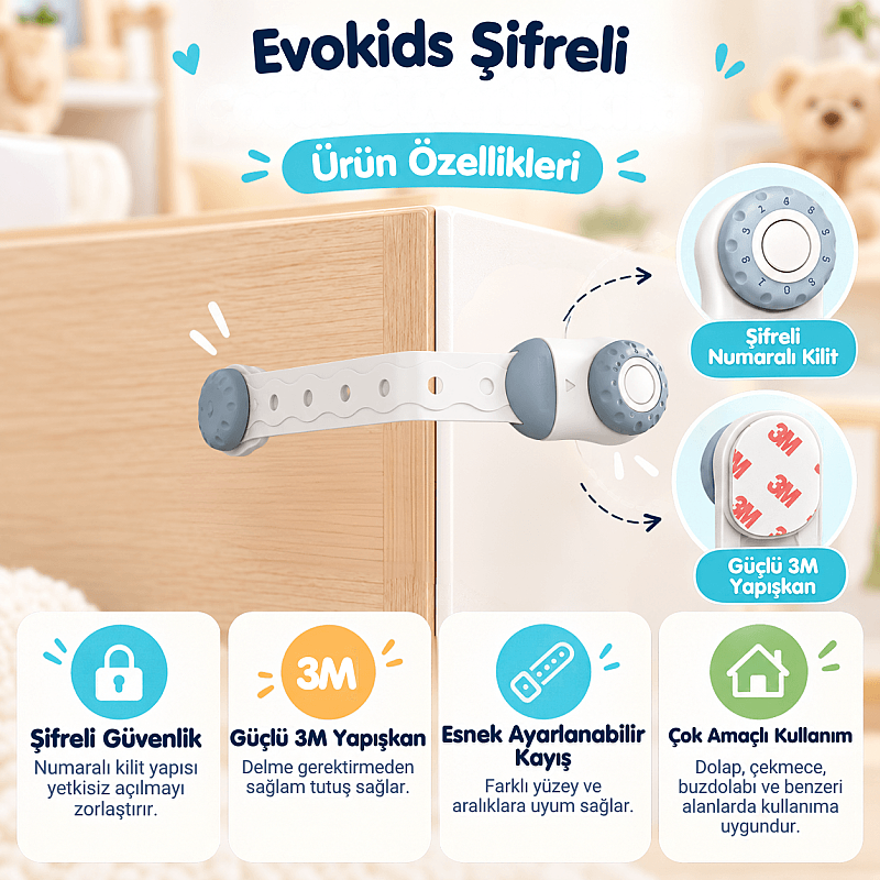 Evokids Şifreli Çocuk Güvenlik Kilidi Buz Mavisi - 2