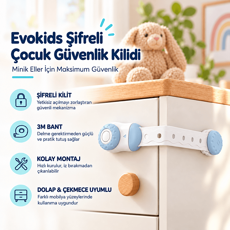 Evokids Şifreli Çocuk Güvenlik Kilidi Buz Mavisi - 1