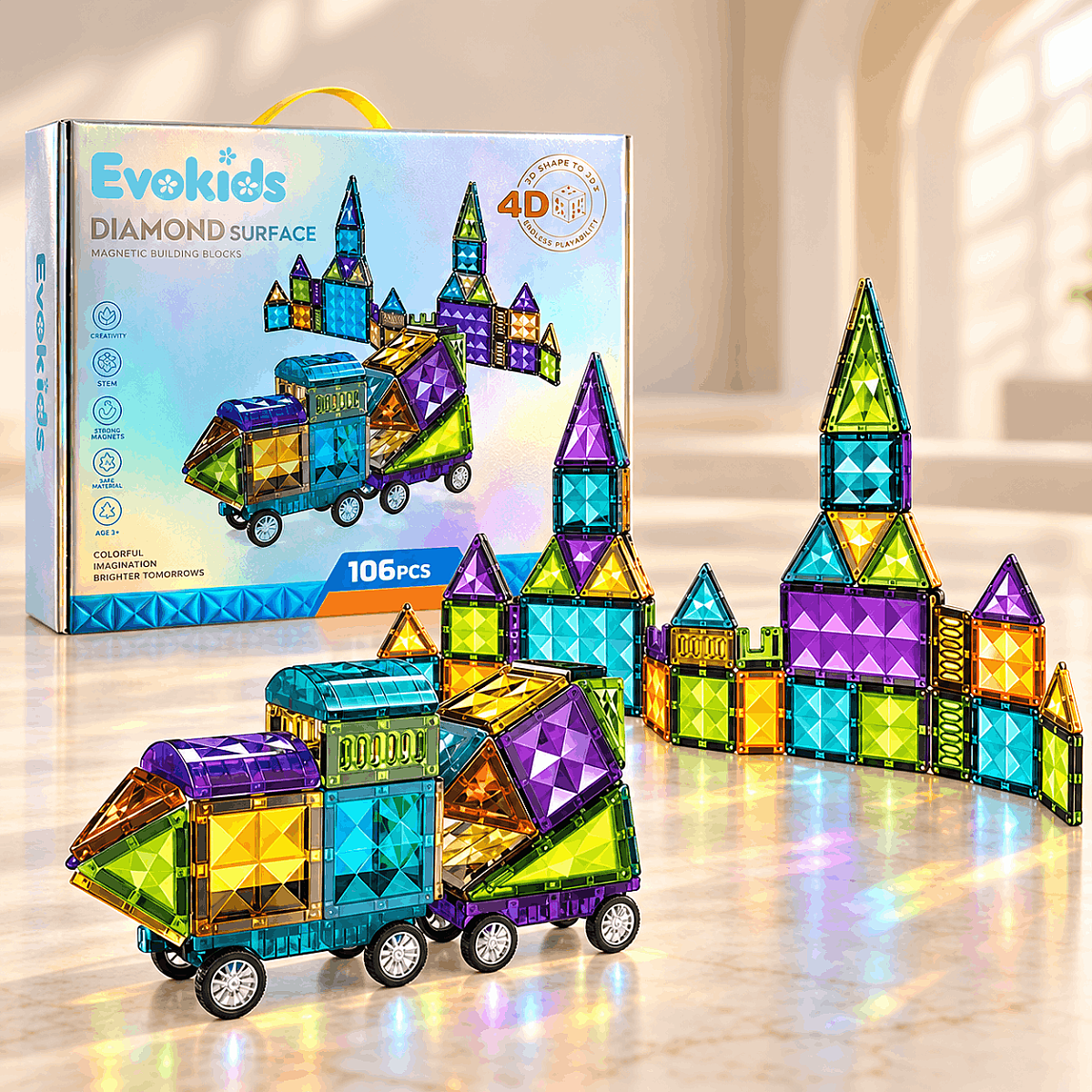 Evokids Diamond 106 Parça Manyetik Yapı Blokları – Elmas Dokulu Büyük Manyetik Blok Seti - 1