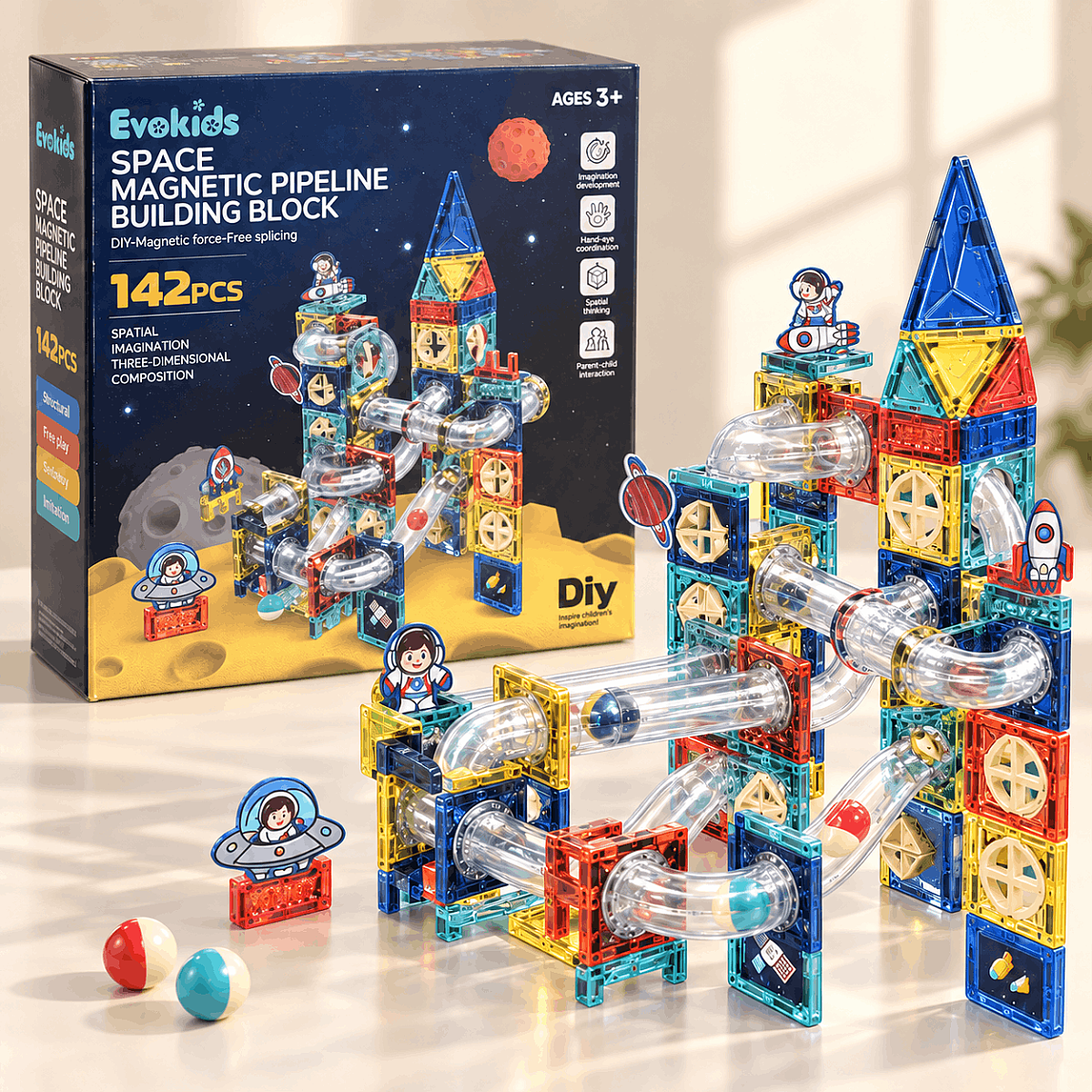 Evokids 142 Parça Manyetik Blok Top Parkuru – Uzay Temalı Manyetik Yapı Seti - 1
